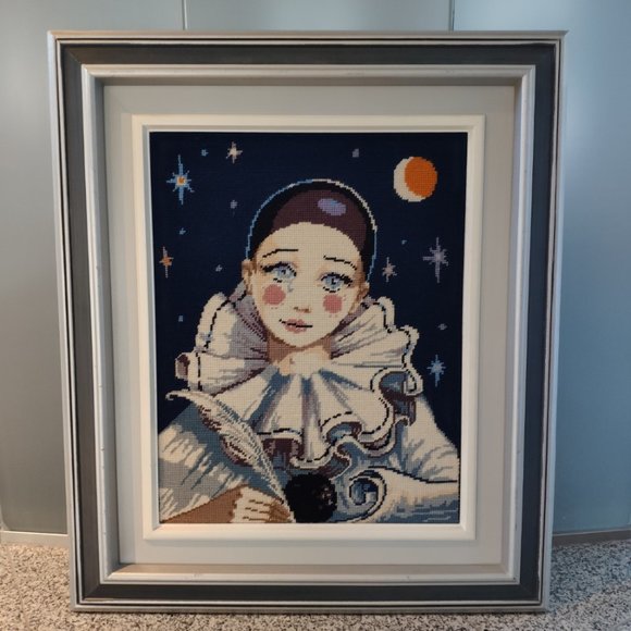 Other - Vintage Large Crewel Needlepoint Pierrot 23"x27"